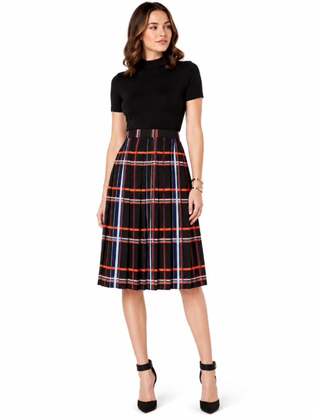 Vince Camuto Riviera Plaid Box-Pleated Midi Skirt | Size 6